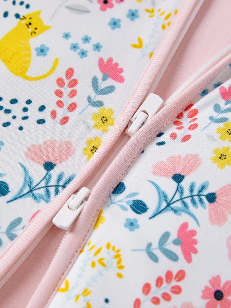 Bamboo Baby Girl Elegant Printed 2-Way Zip Onesies Anti Slip Long-sleeve Footie with Hairband Light Pink