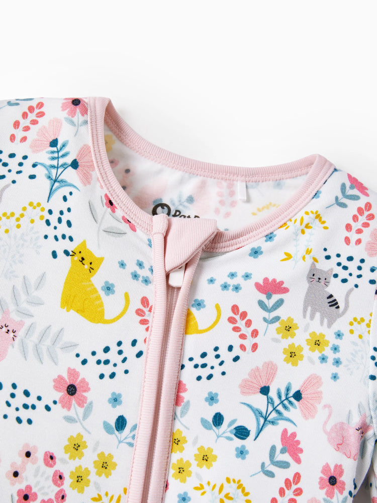 Bamboo Baby Girl Elegant Printed 2-Way Zip Onesies Anti Slip Long-sleeve Footie with Hairband Light Pink