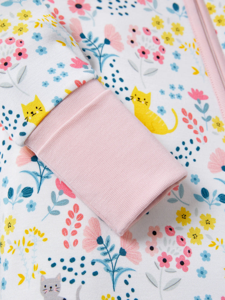 Bamboo Baby Girl Elegant Printed 2-Way Zip Onesies Anti Slip Long-sleeve Footie with Hairband Light Pink