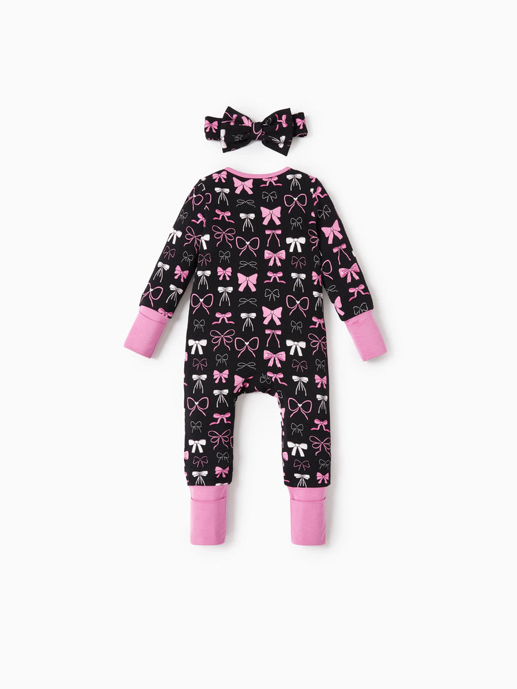 Bamboo Baby Girl Elegant Printed 2-Way Zip Onesies Anti Slip Long-sleeve Footie with Hairband Pink purple