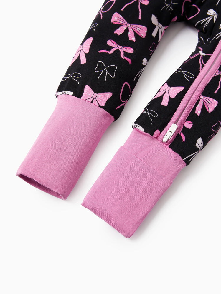 Bamboo Baby Girl Elegant Printed 2-Way Zip Onesies Anti Slip Long-sleeve Footie with Hairband Pink purple