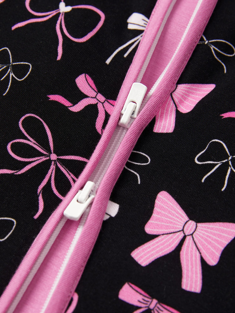 Bamboo Baby Girl Elegant Printed 2-Way Zip Onesies Anti Slip Long-sleeve Footie with Hairband Pink purple