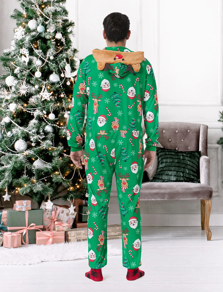 Green Christmas Family Pajamas Sets 3D Reindeer Hooded Allover Print Onesies Green