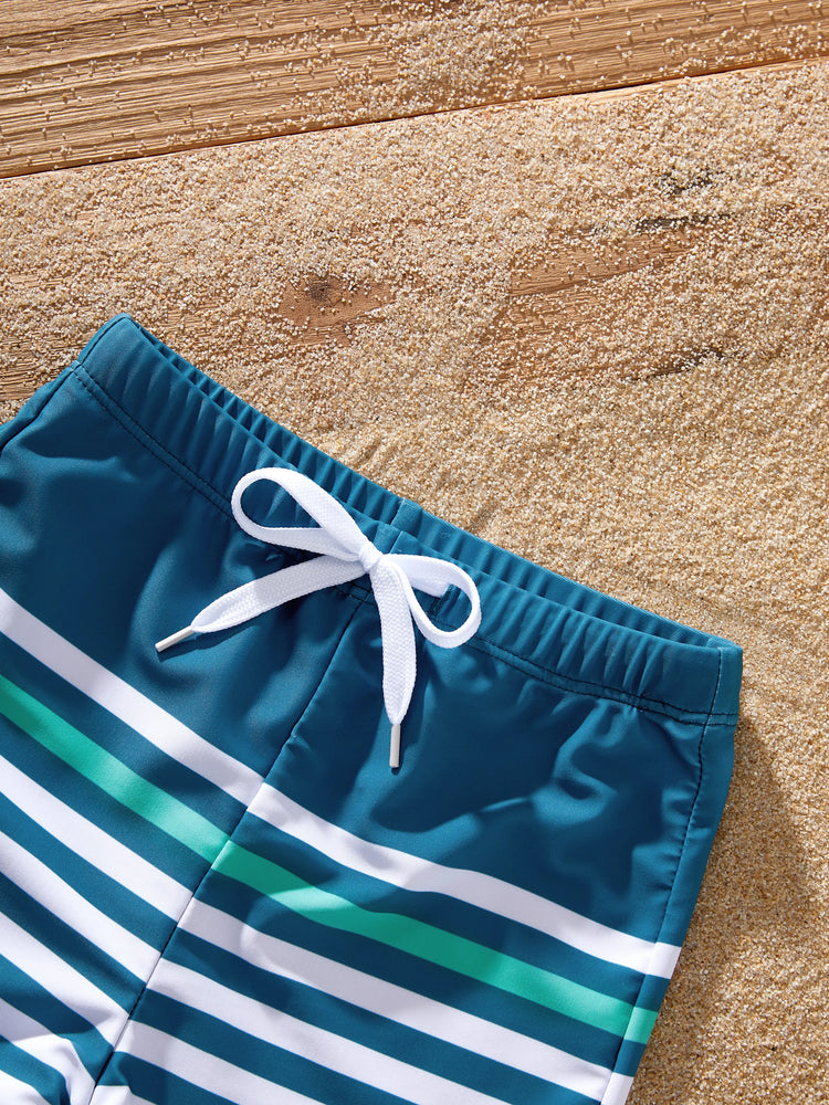 Family Matching Teal Striped Swimsuits Ruched Bikini & Swim Trunks Set Multi-color