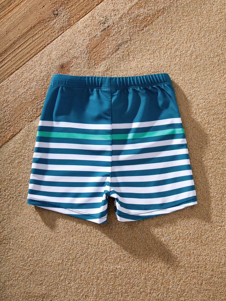 Family Matching Teal Striped Swimsuits Ruched Bikini & Swim Trunks Set Multi-color