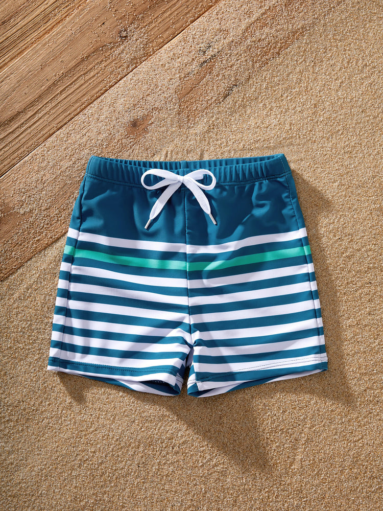 Toddler Boy Teal Striped Swim Trunks Set Multi-color