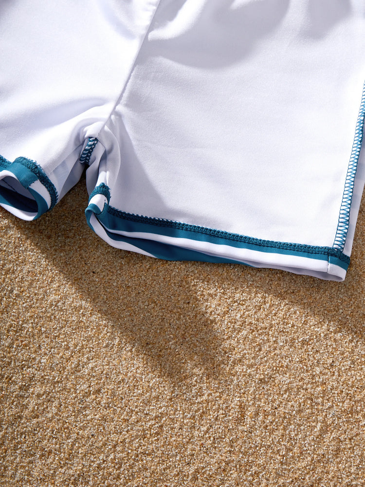 Family Matching Teal Striped Swimsuits Ruched Bikini & Swim Trunks Set Multi-color