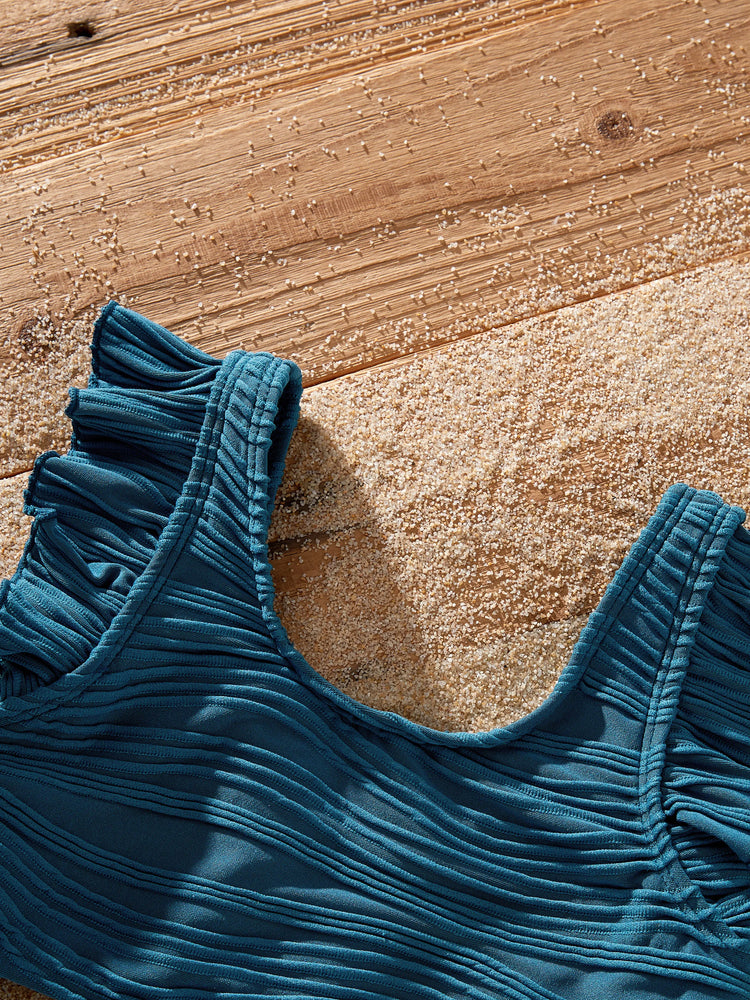 Daddy & Daughter Teal Striped Swimsuits Ruched Bikini & Swim Trunks Set Multi-color