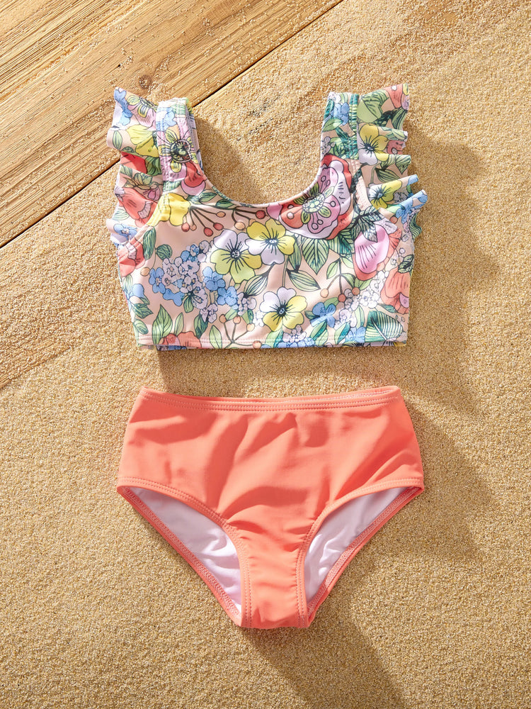 Mommy & me Floral Swimwear Bikini Set for Mom & Daughter Floral Board Shorts for Dad & Son, Cute Beach Outfits for Vacation & Pool Days Multi-color
