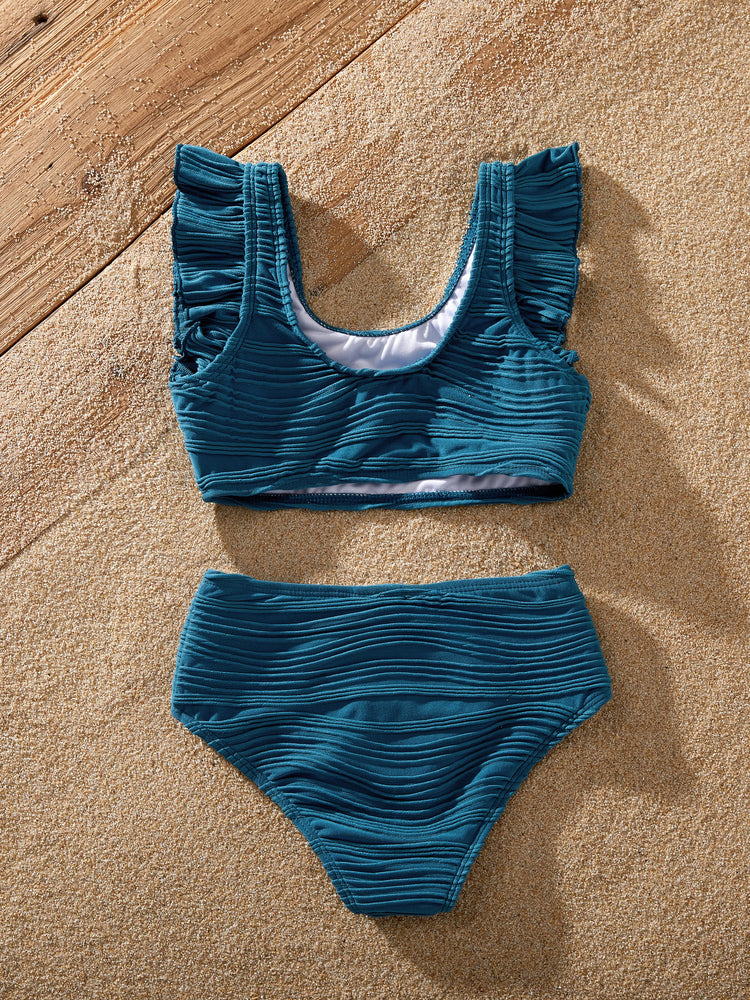 Family Matching Teal Striped Swimsuits Ruched Bikini & Swim Trunks Set Multi-color