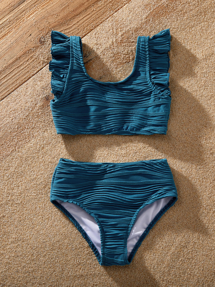 Daddy & Daughter Teal Striped Swimsuits Ruched Bikini & Swim Trunks Set Multi-color
