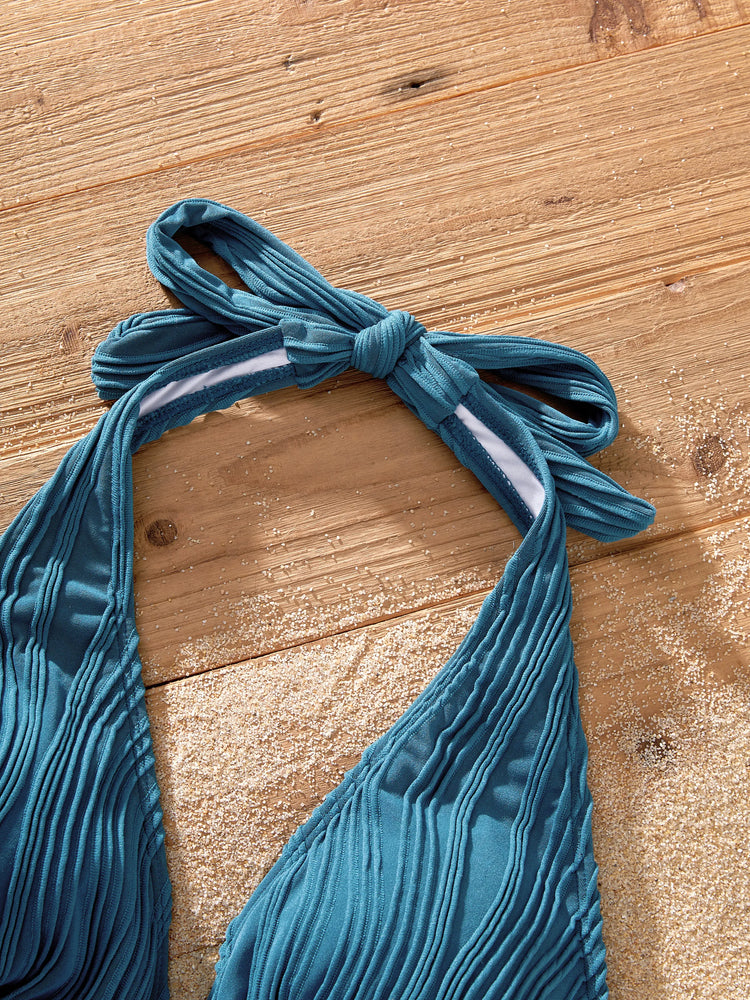 Family Matching Teal Striped Swimsuits Ruched Bikini & Swim Trunks Set Multi-color