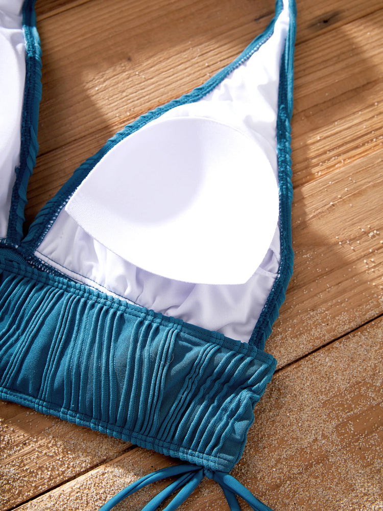 Family Matching Teal Striped Swimsuits Ruched Bikini & Swim Trunks Set Multi-color