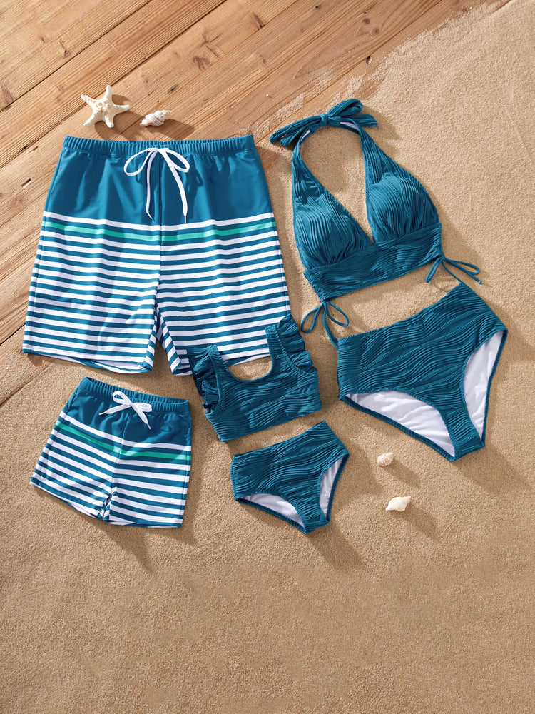 Daddy & Daughter Teal Striped Swimsuits Ruched Bikini & Swim Trunks Set Multi-color