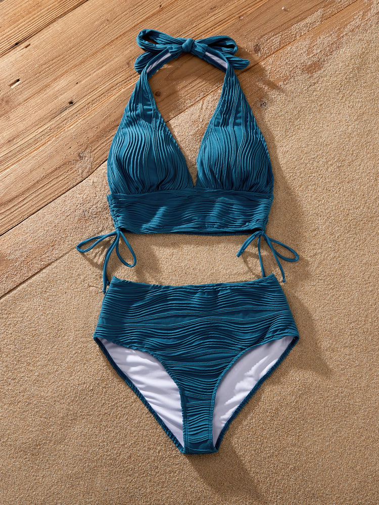 Family Matching Teal Striped Swimsuits Ruched Bikini & Swim Trunks Set Multi-color