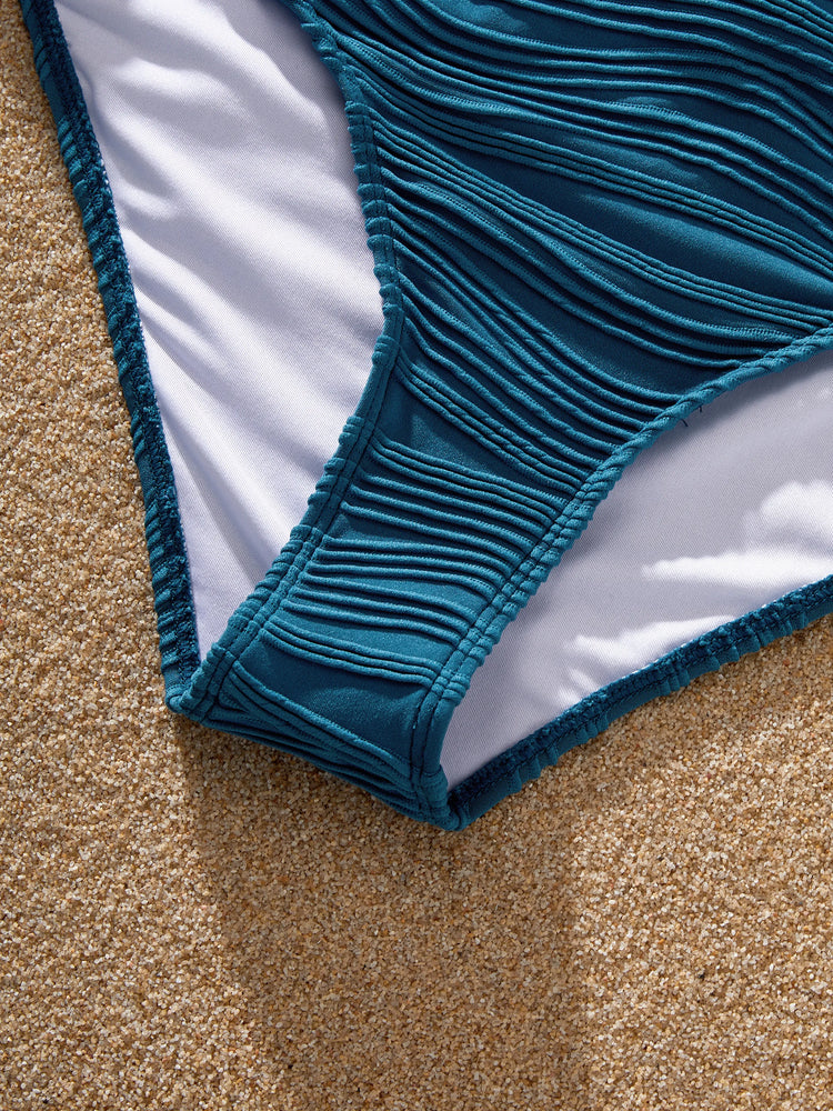 Family Matching Teal Striped Swimsuits Ruched Bikini & Swim Trunks Set Multi-color