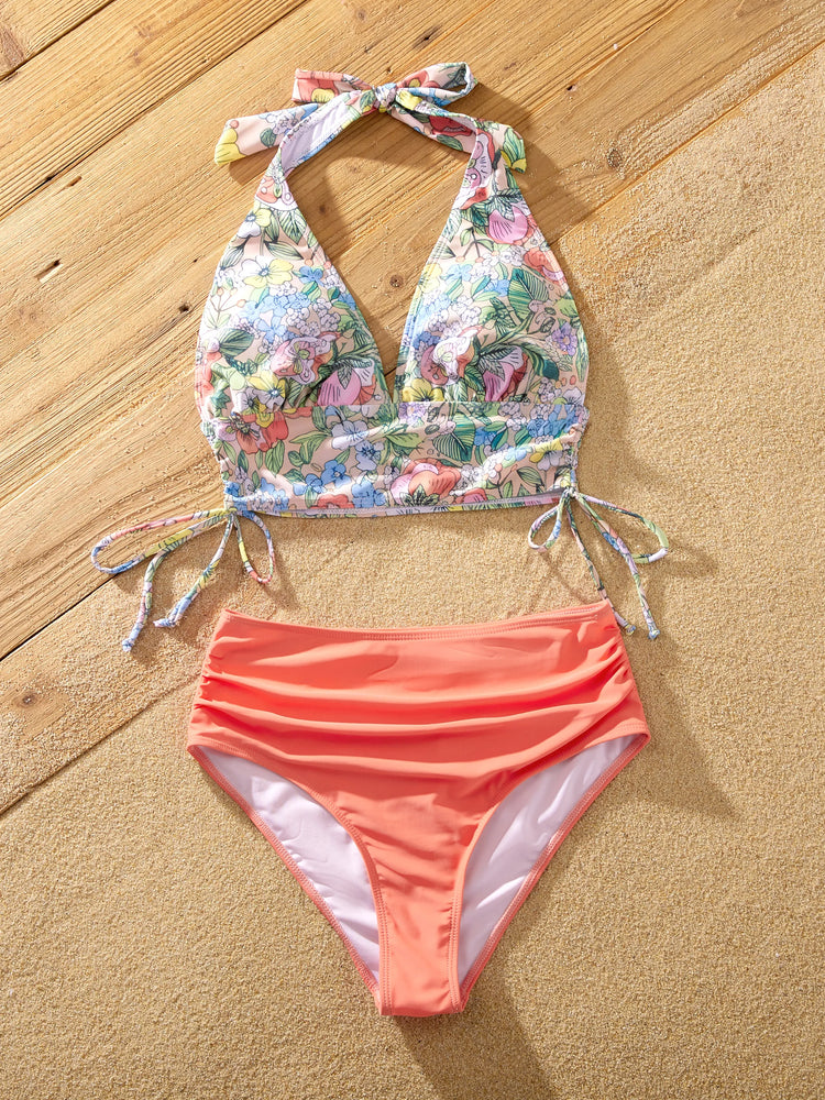 Mommy & me Floral Swimwear Bikini Set for Mom & Daughter Floral Board Shorts for Dad & Son, Cute Beach Outfits for Vacation & Pool Days Multi-color