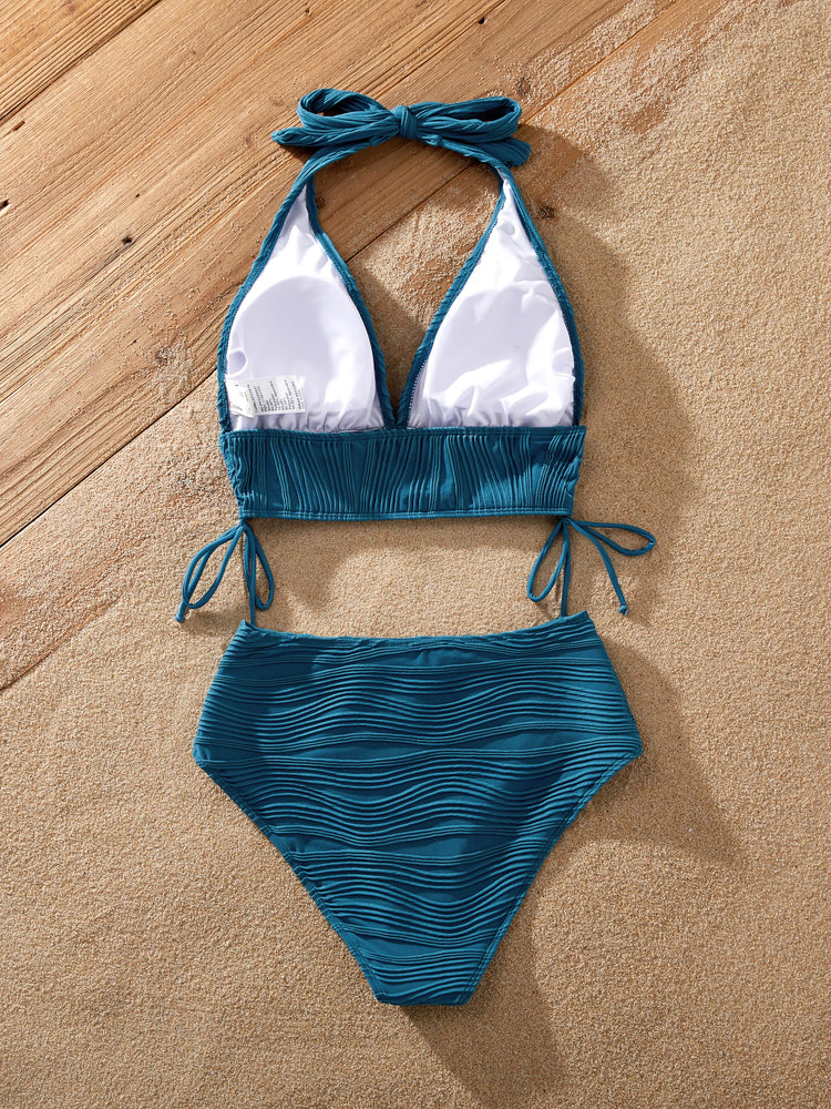 Family Matching Teal Striped Swimsuits Ruched Bikini & Swim Trunks Set Multi-color