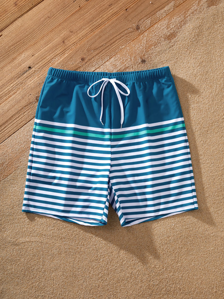 Daddy & Daughter Teal Striped Swimsuits Ruched Bikini & Swim Trunks Set Multi-color