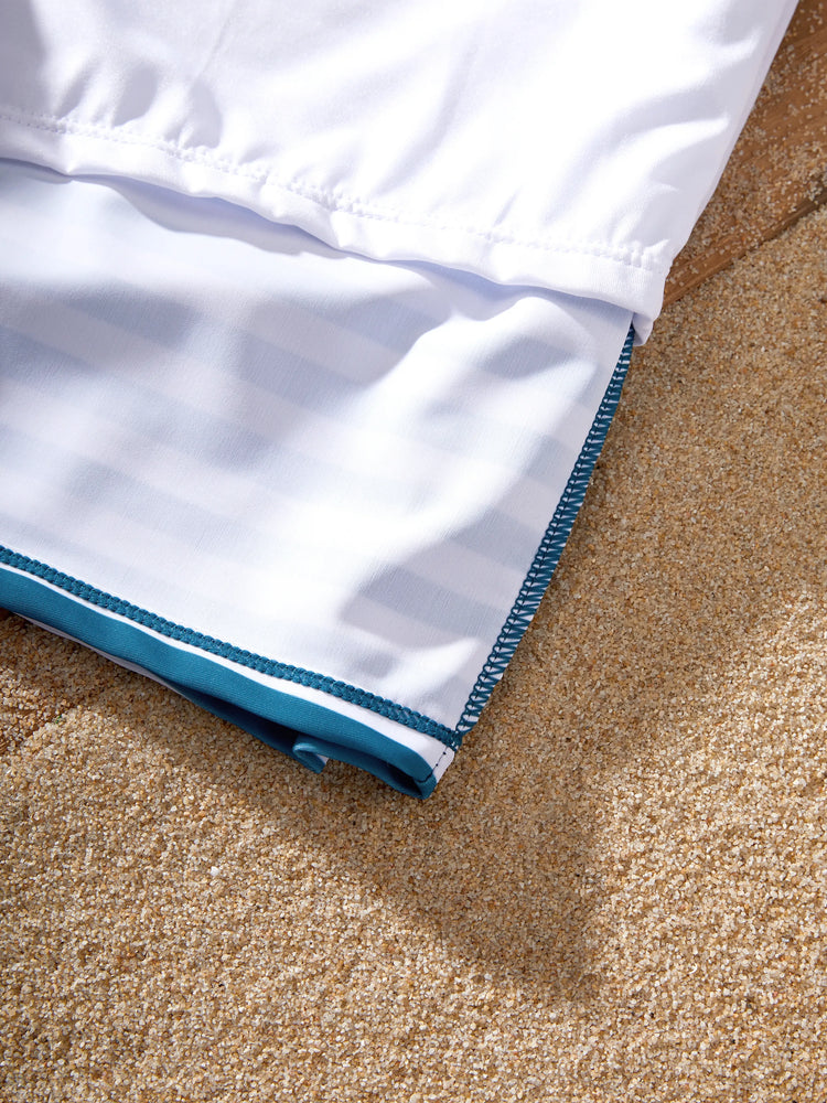 Family Matching Teal Striped Swimsuits Ruched Bikini & Swim Trunks Set Multi-color