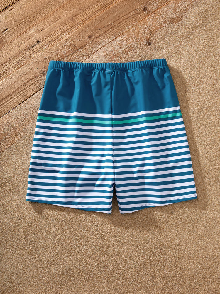 Family Matching Teal Striped Swimsuits Ruched Bikini & Swim Trunks Set Multi-color