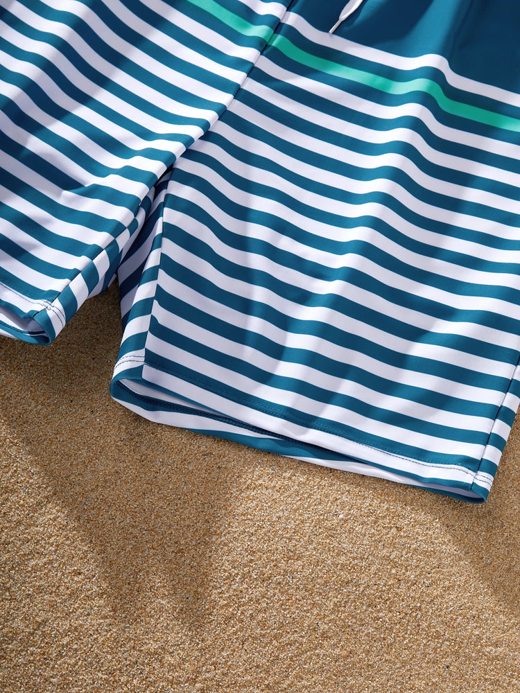 Family Matching Teal Striped Swimsuits Ruched Bikini & Swim Trunks Set Multi-color