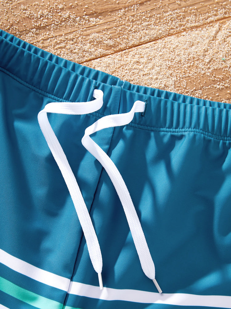 Family Matching Teal Striped Swimsuits Ruched Bikini & Swim Trunks Set Multi-color