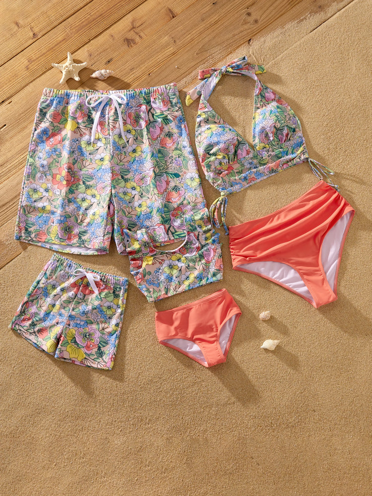 Mommy & me Floral Swimwear Bikini Set for Mom & Daughter Floral Board Shorts for Dad & Son, Cute Beach Outfits for Vacation & Pool Days Multi-color