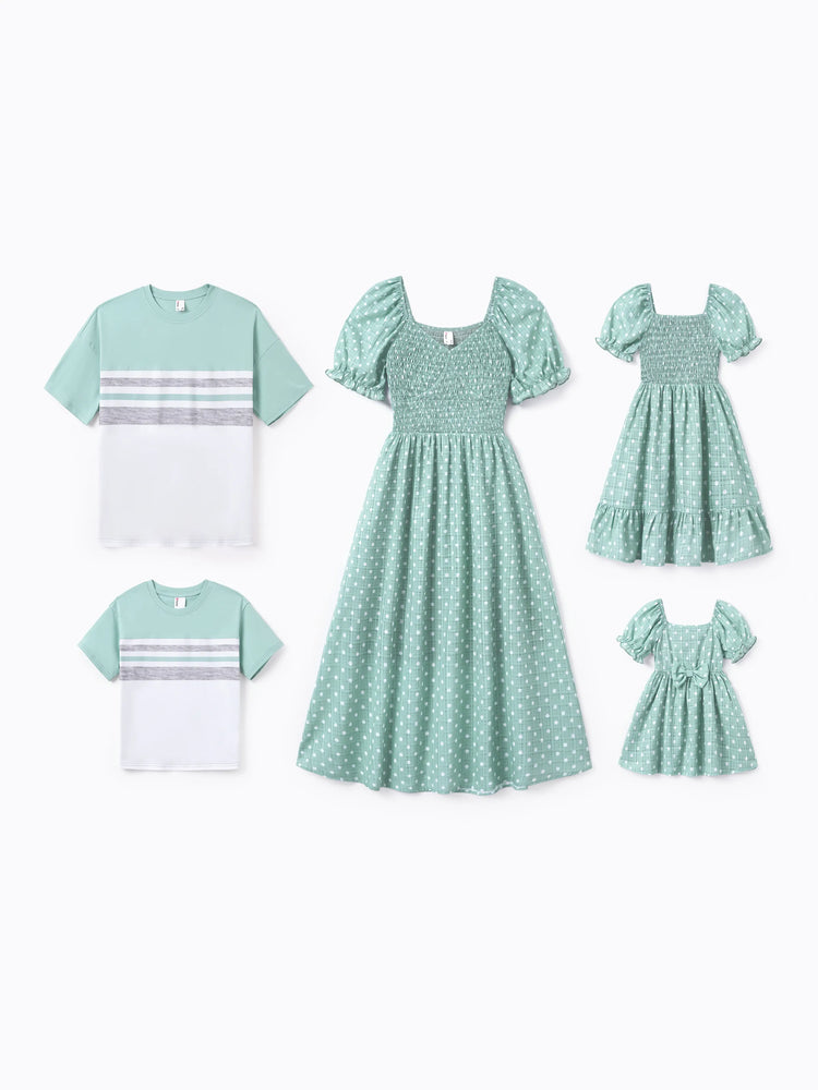 Daddy & Son T-Shirt & Dress Set Polka Dot Puff-sleeve Dress for Mom, Daughter & Baby, Color Block Cotton Tee for Dad & Son, Perfect for Family Outings & Photos Light Green
