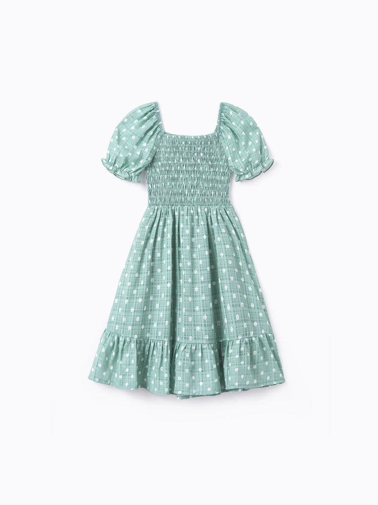 Toddler/Kid Girl Polka Dot Puff-sleeve Dress, Perfect for Family Outings & Photos Light Green