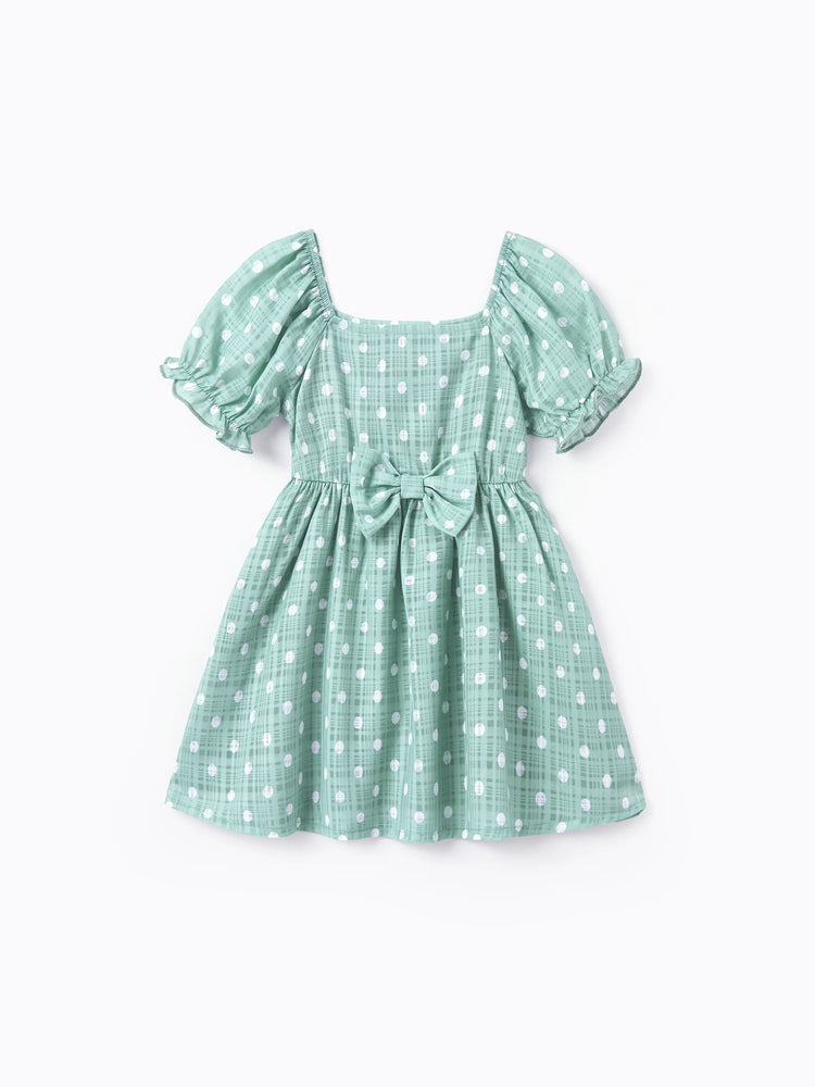 Daddy & Daughter T-Shirt & Dress Set Polka Dot Puff-sleeve Dress for Daughter & Baby, Color Block Cotton Tee for Dad , Perfect for Family Outings & Photos Light Green