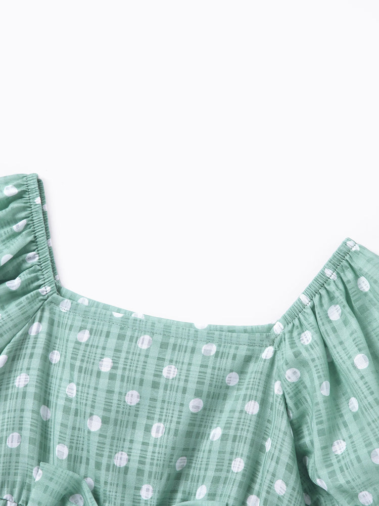 Daddy & Daughter T-Shirt & Dress Set Polka Dot Puff-sleeve Dress for Daughter & Baby, Color Block Cotton Tee for Dad , Perfect for Family Outings & Photos Light Green