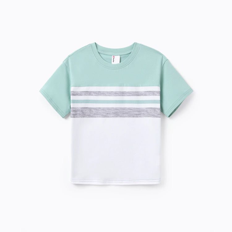 Daddy & Son T-Shirt & Dress Set Polka Dot Puff-sleeve Dress for Mom, Daughter & Baby, Color Block Cotton Tee for Dad & Son, Perfect for Family Outings & Photos Light Green