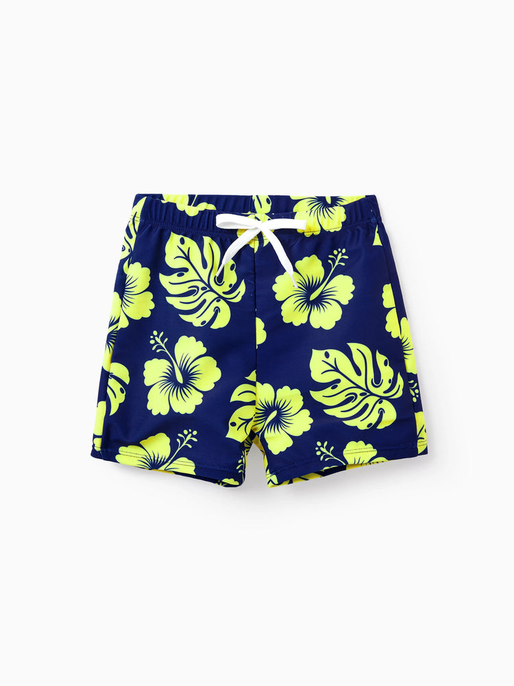 Daddy & Son Tropical Floral Swimsuits Halter Bikini & Swim Trunks Set Deep Blue