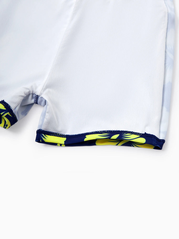 Family Matching Tropical Floral Swimsuits Halter Bikini & Swim Trunks Set Deep Blue