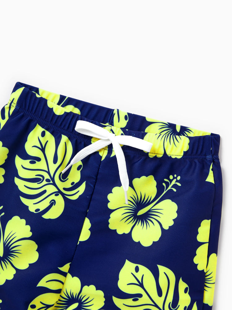 Family Matching Tropical Floral Swimsuits Halter Bikini & Swim Trunks Set Deep Blue