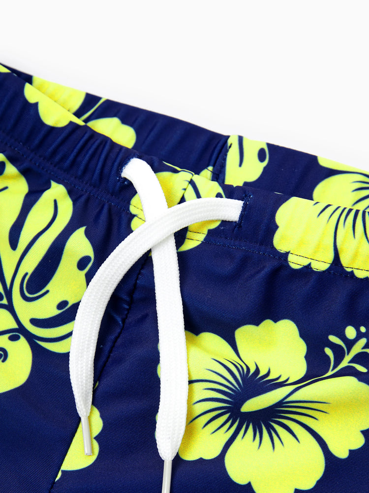 Family Matching Tropical Floral Swimsuits Halter Bikini & Swim Trunks Set Deep Blue