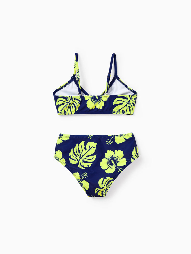 Family Matching Tropical Floral Swimsuits Halter Bikini & Swim Trunks Set Deep Blue