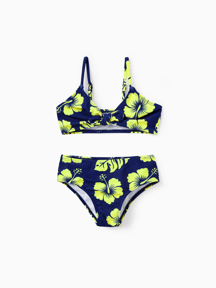 Family Matching Tropical Floral Swimsuits Halter Bikini & Swim Trunks Set Deep Blue
