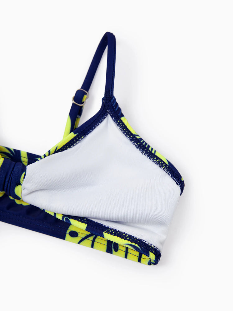 Family Matching Tropical Floral Swimsuits Halter Bikini & Swim Trunks Set Deep Blue