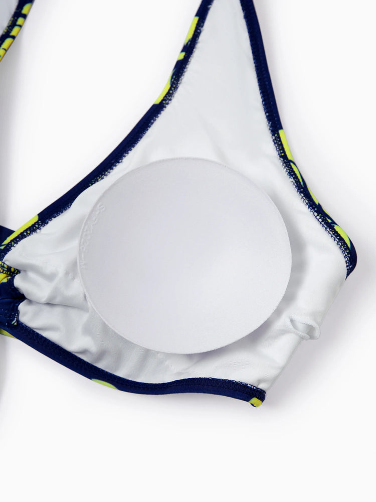 Family Matching Tropical Floral Swimsuits Halter Bikini & Swim Trunks Set Deep Blue