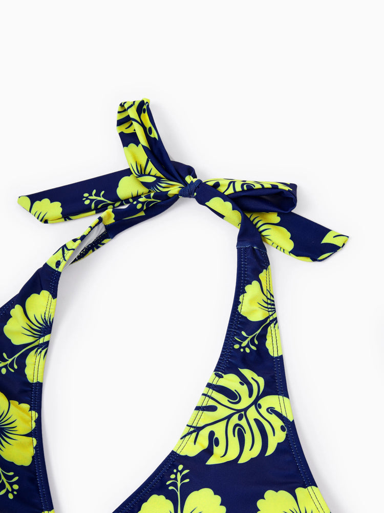 Family Matching Tropical Floral Swimsuits Halter Bikini & Swim Trunks Set Deep Blue