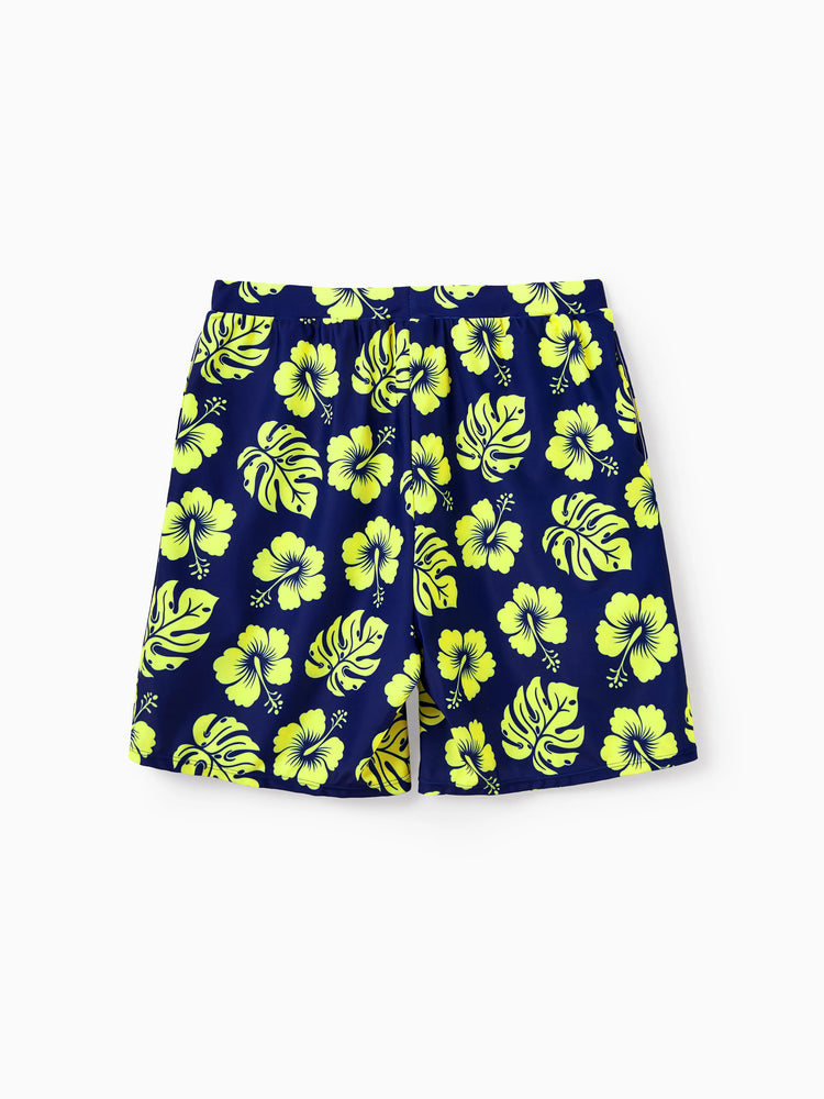 Family Matching Tropical Floral Swimsuits Halter Bikini & Swim Trunks Set Deep Blue