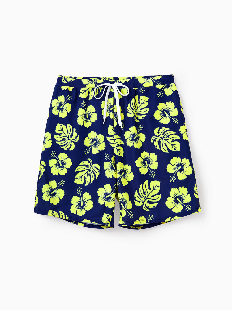 Family Matching Tropical Floral Swimsuits Halter Bikini & Swim Trunks Set Deep Blue