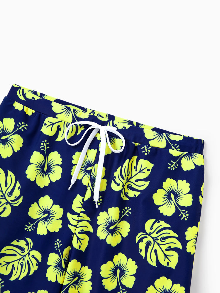 Daddy & Son Tropical Floral Swimsuits Halter Bikini & Swim Trunks Set Deep Blue
