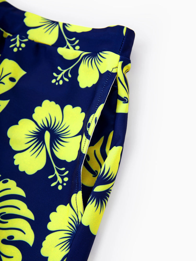 Family Matching Tropical Floral Swimsuits Halter Bikini & Swim Trunks Set Deep Blue