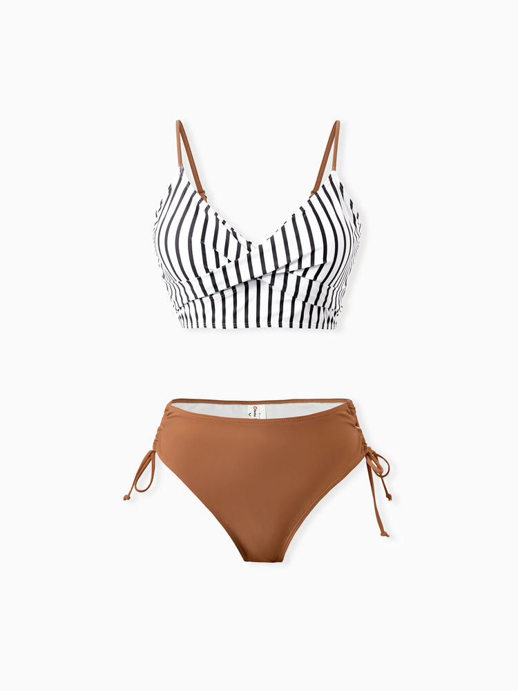 Family Matching Color Block Swimsuits Striped Bikini & Swim Trunks Set Color block