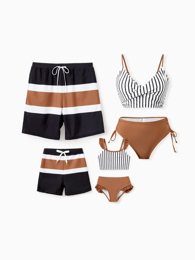 Family Matching Color Block Swimsuits Striped Bikini & Swim Trunks Set Color block