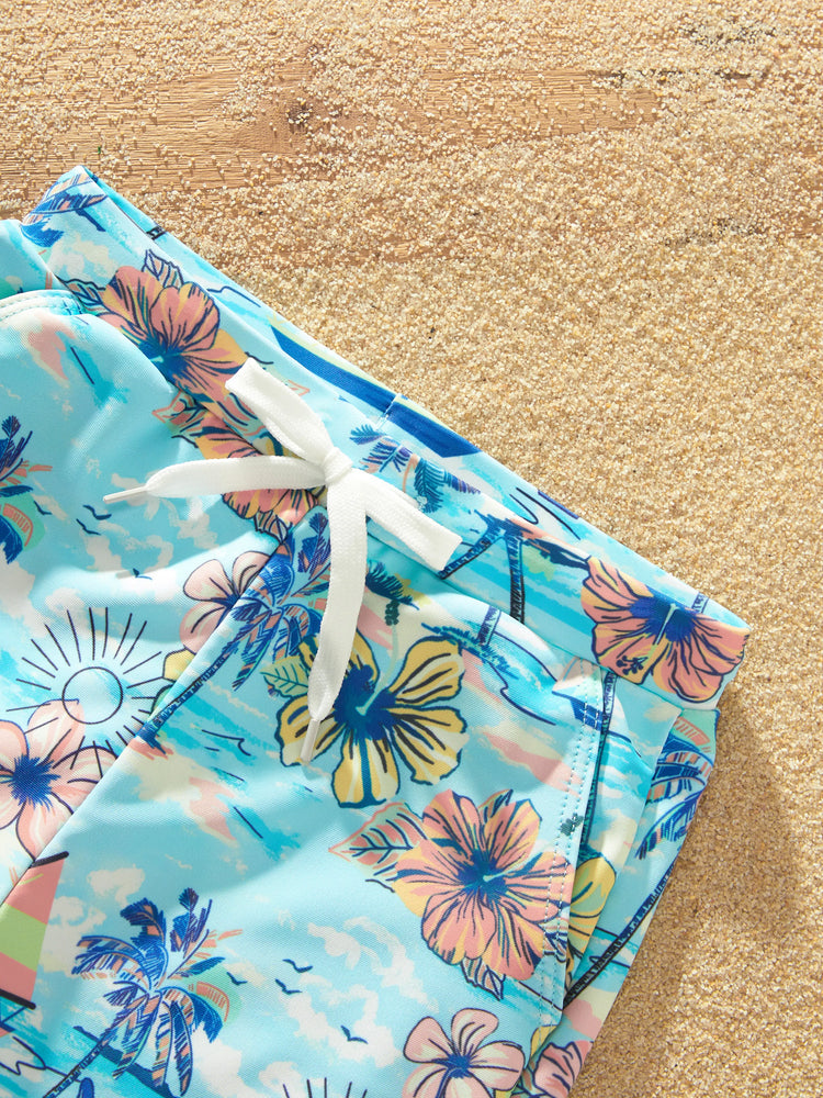 Family Matching Swimwear Tropical Print, Mommy Tie-front Cutout One-piece Swimsuit, Girl two-piece Swimsuit Daddy & Son Swim Trunks Set for Summer Beach Vacation Light Blue