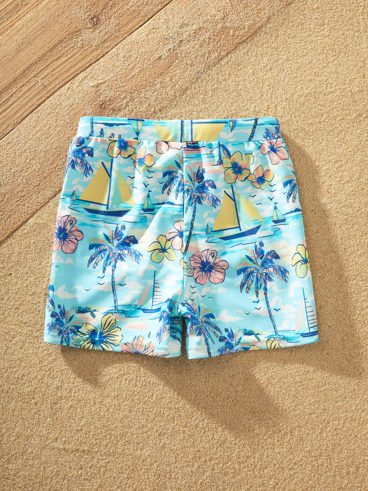 Mommy & me Swimwear Tropical Print, Mommy Tie-front Cutout One-piece Swimsuit, Girl two-piece Swimsuit Daddy & Son Swim Trunks Set for Summer Beach Vacation Light Blue